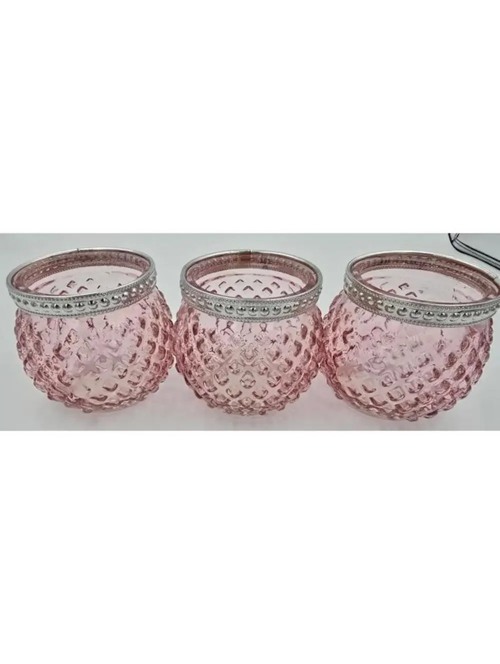 Set of 3 Pink Hobnail Glass Jars/Candle Holders w/Silver Bands
